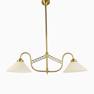 Art Deco 2-Arm Brass Pendant Lamp, Vienna, 1920s-KDB-1791556