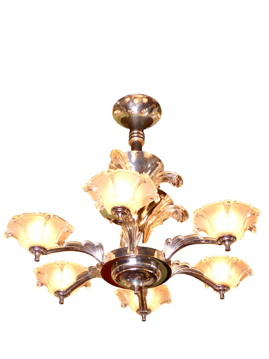 Art Deco 6-Arm Chandelier with Glass Fountains, 1930s