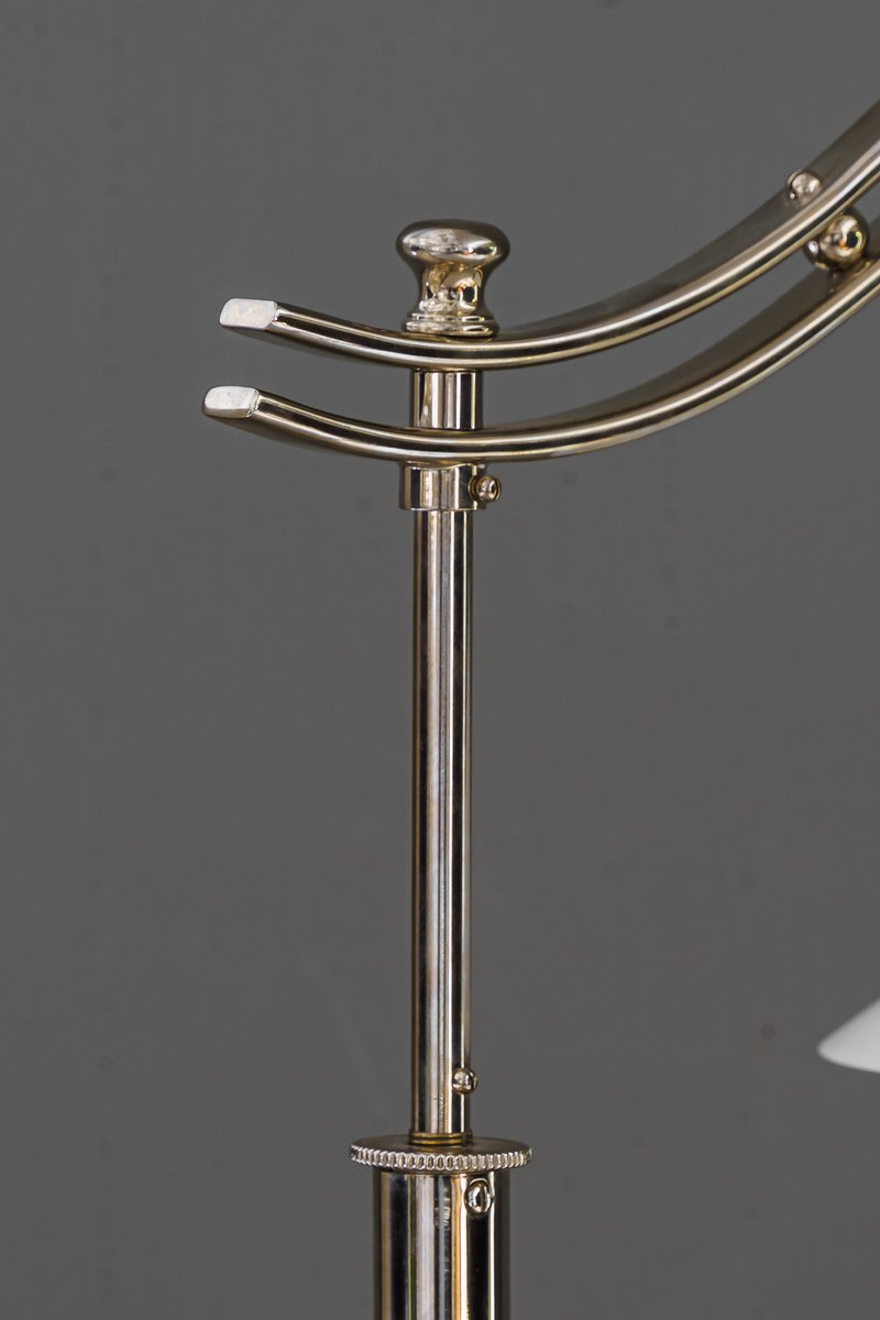 Art Deco Adjustable Nickel Floor Lamp with Opal Glass Shade, 1920s