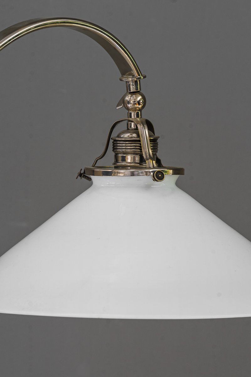 Art Deco Adjustable Nickel Floor Lamp with Opal Glass Shade, 1920s