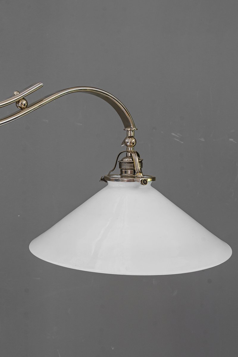 Art Deco Adjustable Nickel Floor Lamp with Opal Glass Shade, 1920s