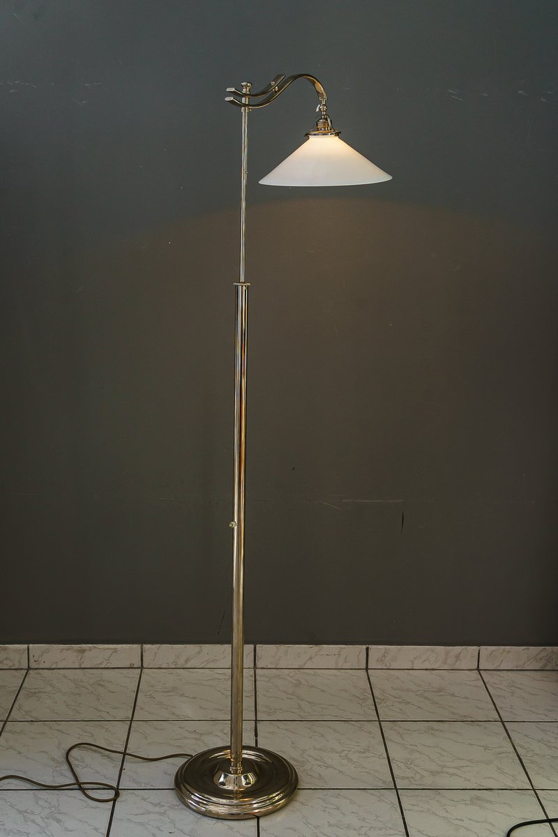 Art Deco Adjustable Nickel Floor Lamp with Opal Glass Shade, 1920s