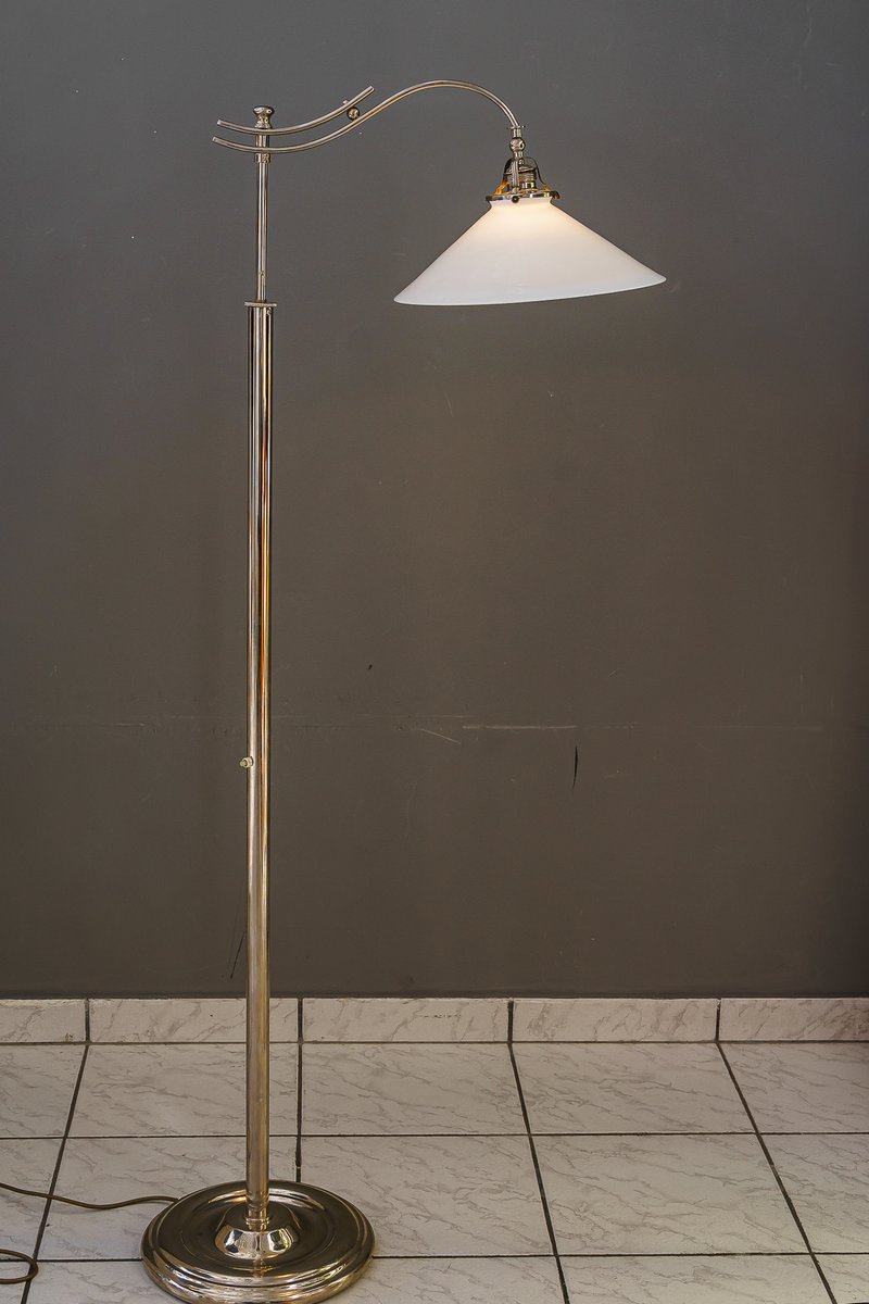 Art Deco Adjustable Nickel Floor Lamp with Opal Glass Shade, 1920s