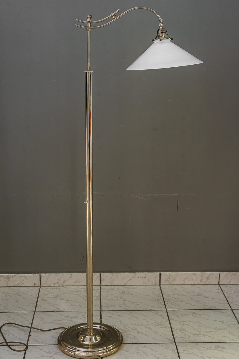 Art Deco Adjustable Nickel Floor Lamp with Opal Glass Shade, 1920s