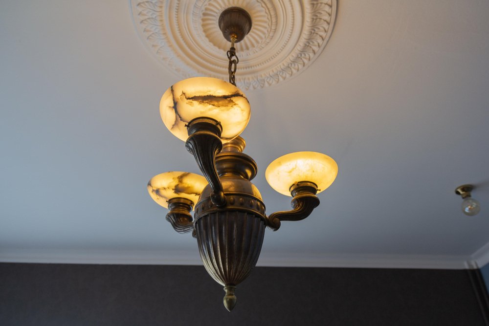 Art Deco Alabaster and Brass 3-Light Chandelier, 1930s