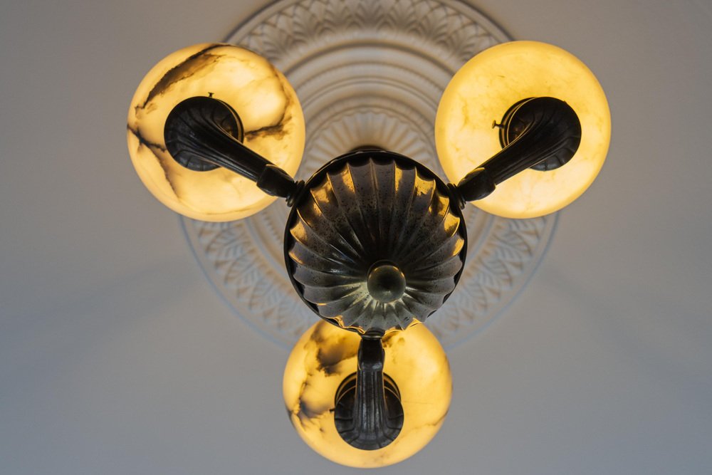 Art Deco Alabaster and Brass 3-Light Chandelier, 1930s