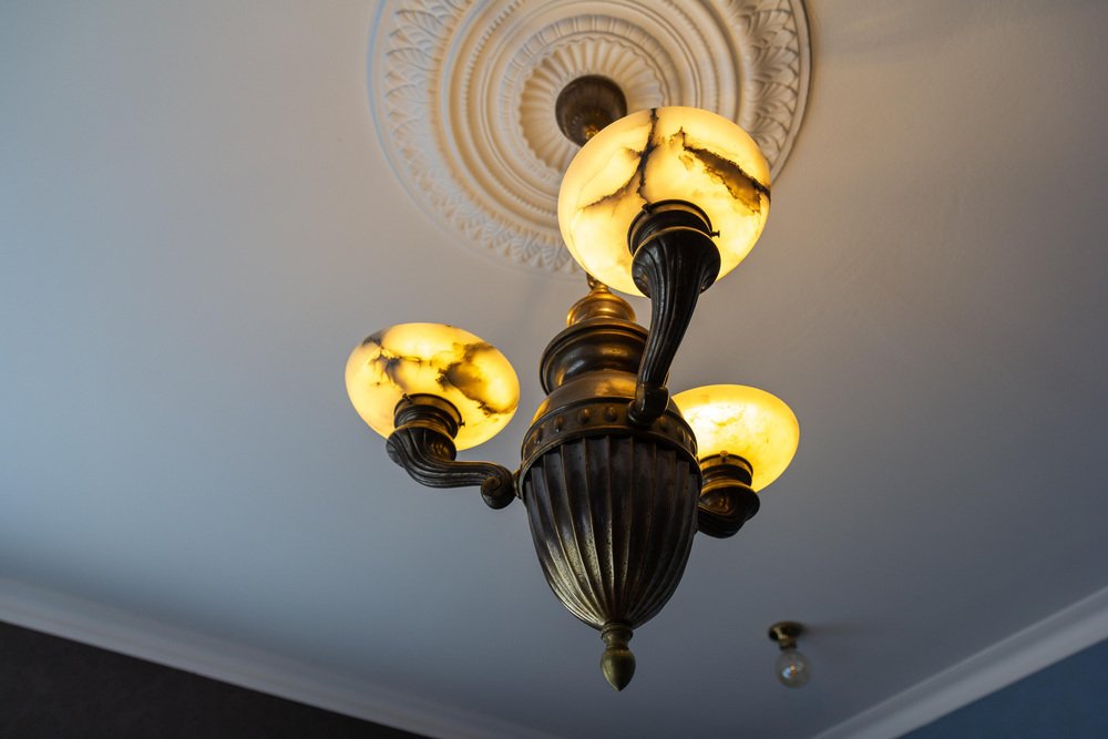 Art Deco Alabaster and Brass 3-Light Chandelier, 1930s