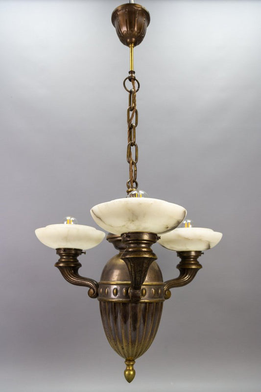 Art Deco Alabaster and Brass 3-Light Chandelier, 1930s