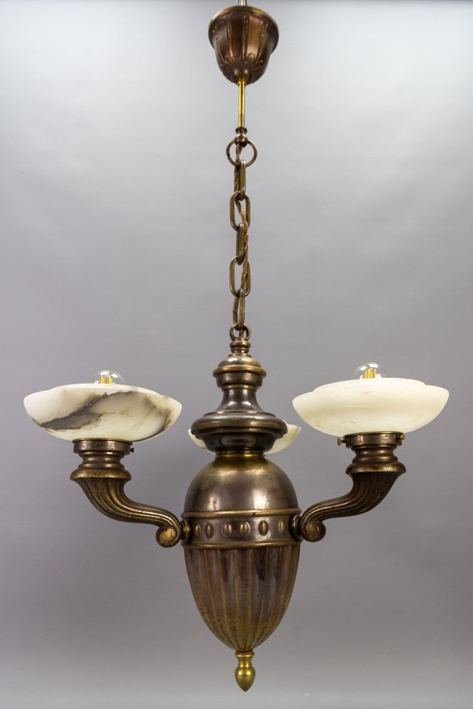 Art Deco Alabaster and Brass 3-Light Chandelier, 1930s