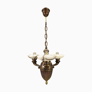 Art Deco Alabaster and Brass 3-Light Chandelier, 1930s-KEG-1738260