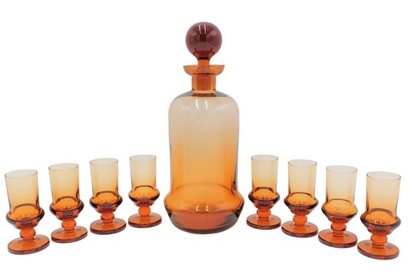 Art Deco Amber Glass Liquor Decanter and Glasses, Czech Republic, 1930s, Set of 9-BXB-1408965