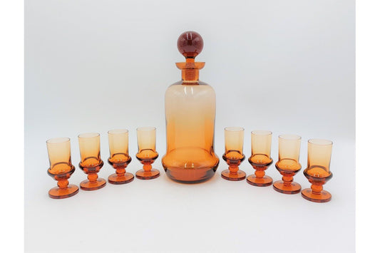 Art Deco Amber Glass Liquor Decanter and Glasses, Czech Republic, 1930s, Set of 9