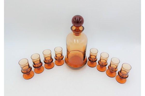 Art Deco Amber Glass Liquor Decanter and Glasses, Czech Republic, 1930s, Set of 9-BXB-1408965