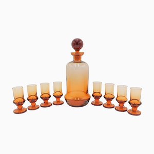 Art Deco Amber Glass Liquor Decanter and Glasses, Czech Republic, 1930s, Set of 9-BXB-1408965