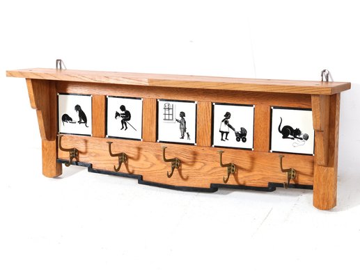 Art Deco Amsterdamse School Oak Coat Rack with Tiles, 1920s-MY-1703798