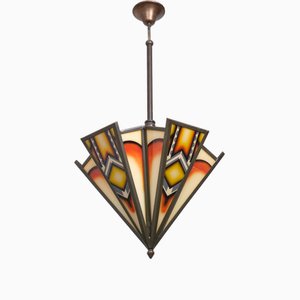 Art Deco Amsterdamse School Stained Glass Hanging Light, 1980s-GCG-1819850