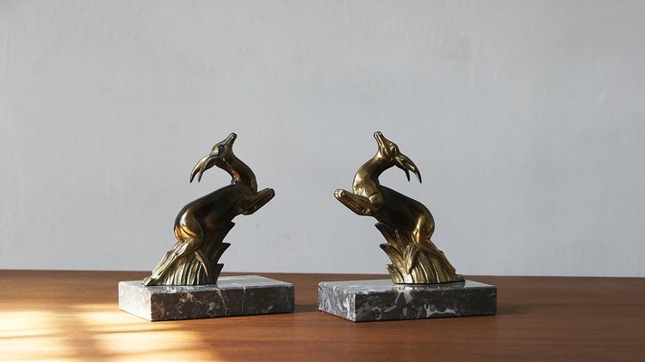 Art Deco Antelope Bookends on Marble Bases, France, 1930s, Set of 2-UMB-1385988