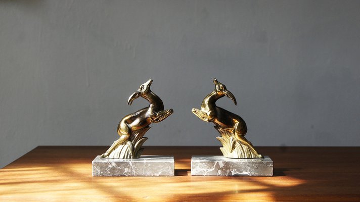 Art Deco Antelope Bookends on Marble Bases, France, 1930s, Set of 2-UMB-1385988