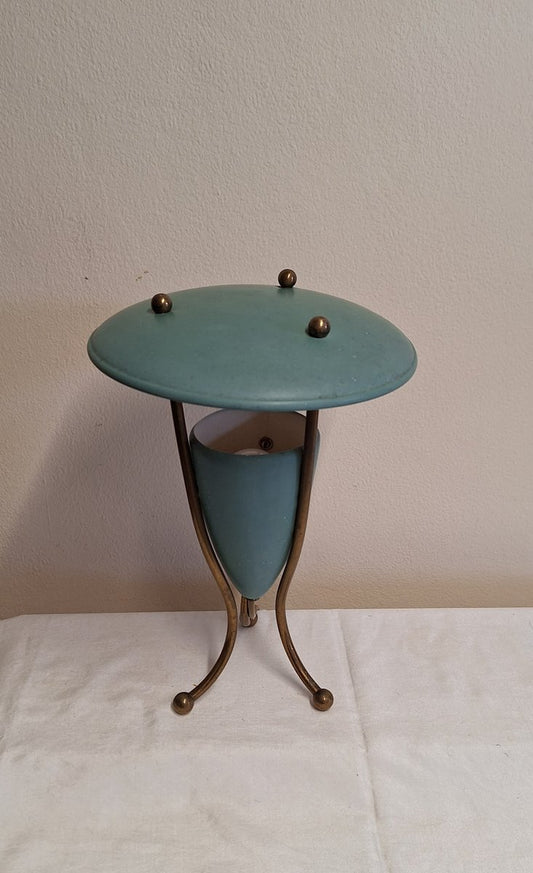 Art Deco Anti-Glare Table Lamp with Turquoise Aluminum Housing on Curved Brass Supports, 1930s