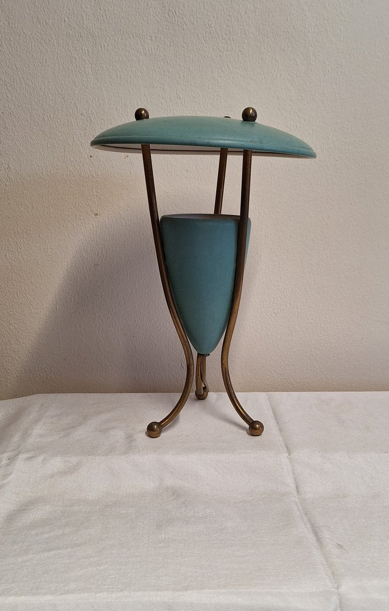 Art Deco Anti-Glare Table Lamp with Turquoise Aluminum Housing on Curved Brass Supports, 1930s