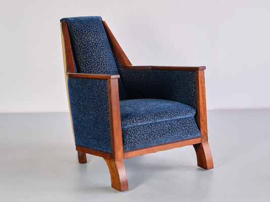 Art Deco Armchair in Blue Velvet and Maple, Northern France, 1920s