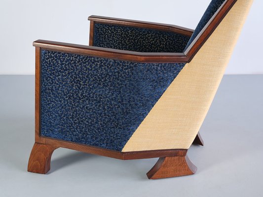 Art Deco Armchair in Blue Velvet and Maple, Northern France, 1920s-FMT-1762974