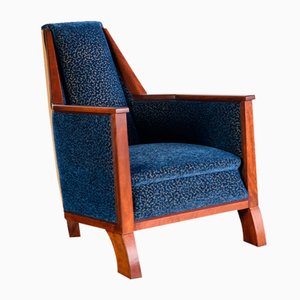 Art Deco Armchair in Blue Velvet and Maple, Northern France, 1920s-FMT-1762974