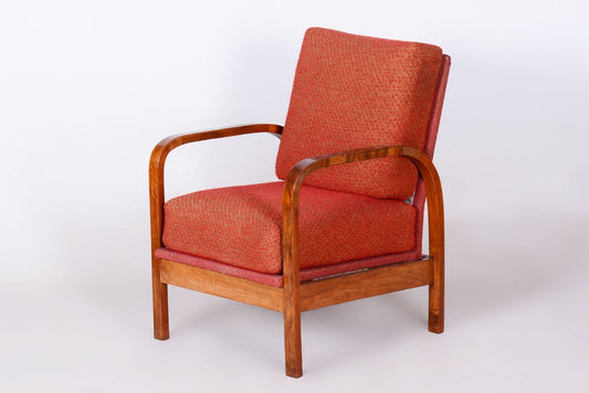 Art Deco Armchair in Walnut Veneer and Upholstery, Former Czechoslovakia, 1930s