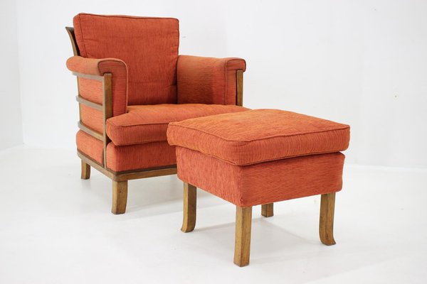 Art Deco Armchair with Ottoman, Former Czechoslovakia, 1930s, Set of 2-TZ-1702330