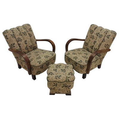 Art Deco Armchairs with Footstool by Jindrich Halabala, 1930s, Set of 3-TZ-684024