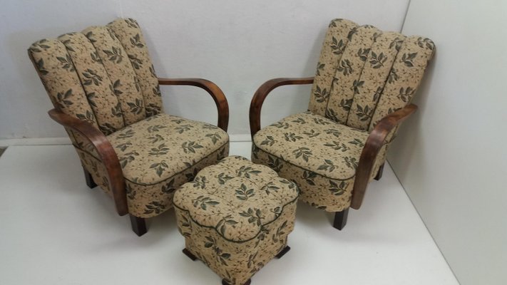 Art Deco Armchairs with Footstool by Jindrich Halabala, 1930s, Set of 3-TZ-684024