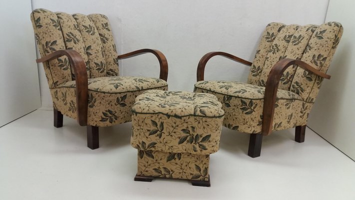 Art Deco Armchairs with Footstool by Jindrich Halabala, 1930s, Set of 3-TZ-684024