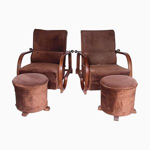 Art Deco Armchairs with Footstools, 1920s, Set of 4-TZ-683730