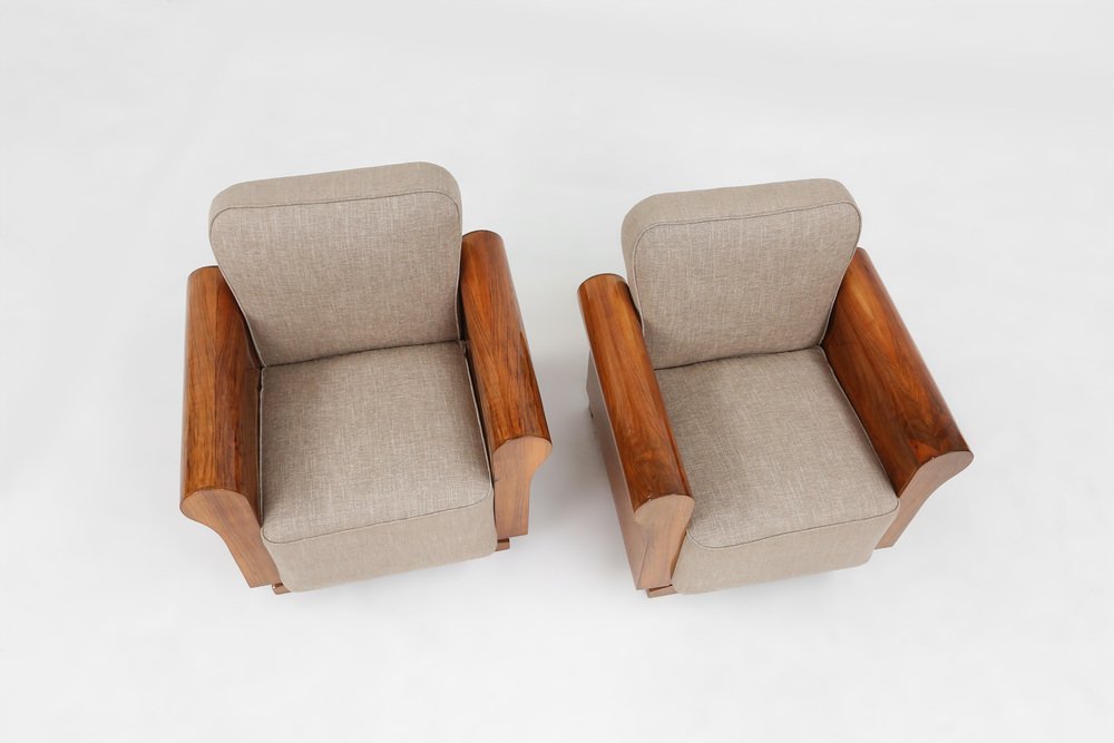 Art Deco Armchairs with Walnut Veneer and Grey Upholstery, France, 1930, Set of 2