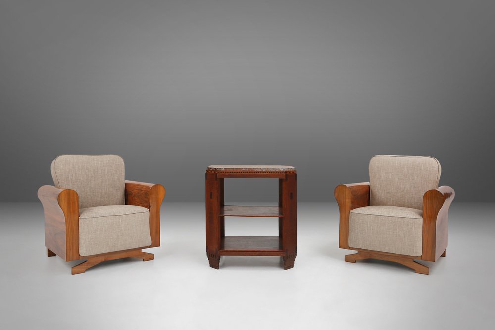 Art Deco Armchairs with Walnut Veneer and Grey Upholstery, France, 1930, Set of 2