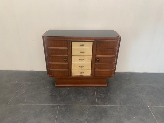 Art Deco Bar Cabinet in Rosewood and Parchment with Top in Black Glass-IJR-997864