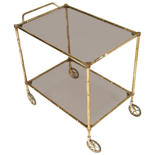 Art Deco Bar Cart in Bamboo Brass and Smoked Glass, 1940s