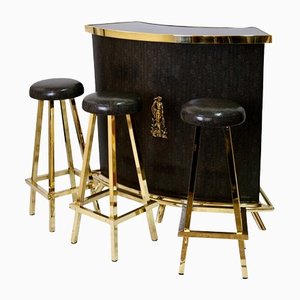 Art Deco Bar Set with Counter and Stools in Brass and Covered in Snake Look, 1950s, Set of 4-CXC-1295930