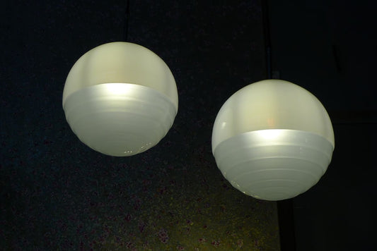 Art Deco Bauhaus Ball Ceiling Lamps in Satinized & Stepped Glass, 1940s, Set of 2