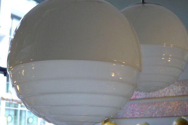 Art Deco Bauhaus Ball Ceiling Lamps in Satinized & Stepped Glass, 1940s, Set of 2-VRE-762423