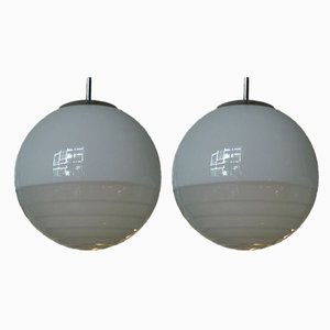 Art Deco Bauhaus Ball Ceiling Lamps in Satinized & Stepped Glass, 1940s, Set of 2-VRE-762423