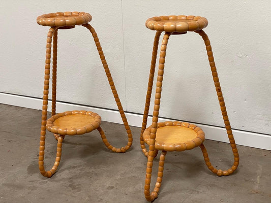 Art Deco Beech & Rattan Flower Stands, 1930s, Set of 2