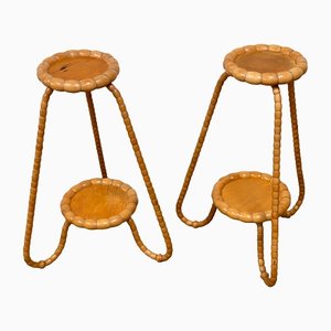 Art Deco Beech & Rattan Flower Stands, 1930s, Set of 2-GON-1395898