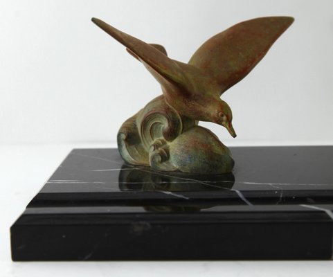 Art Deco Belgian Black Marble Desk Set with Bronze Bird, Set of 3-MJY-1148844