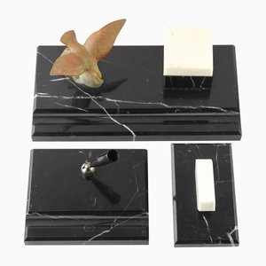 Art Deco Belgian Black Marble Desk Set with Bronze Bird, Set of 3-MJY-1148844