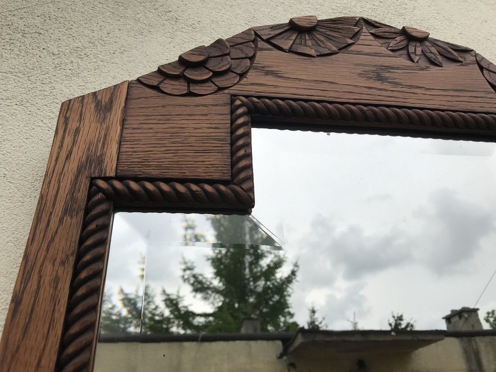 Art Deco Bevelled Crystal Mirror with Wooden Oak Frame, 1920s