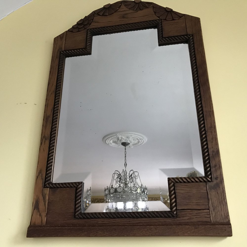 Art Deco Bevelled Crystal Mirror with Wooden Oak Frame, 1920s