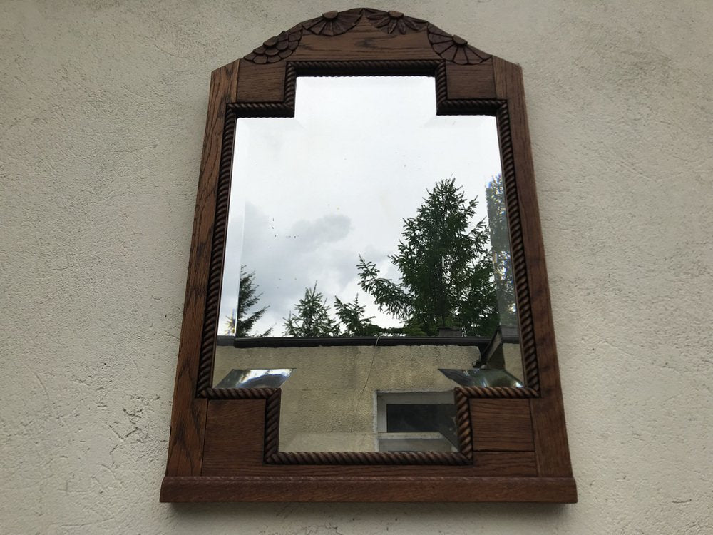 Art Deco Bevelled Crystal Mirror with Wooden Oak Frame, 1920s