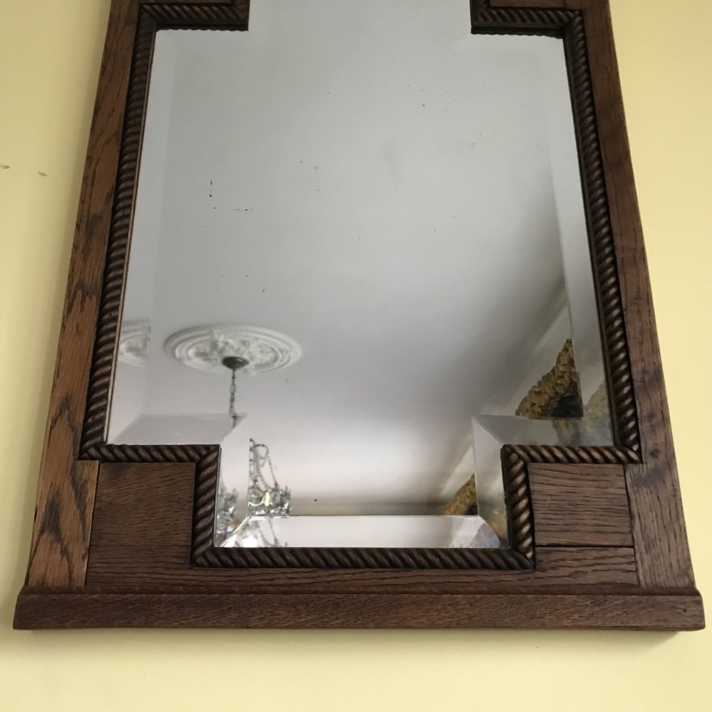 Art Deco Bevelled Crystal Mirror with Wooden Oak Frame, 1920s