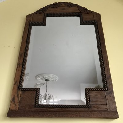 Art Deco Bevelled Crystal Mirror with Wooden Oak Frame, 1920s-WQQ-1306236